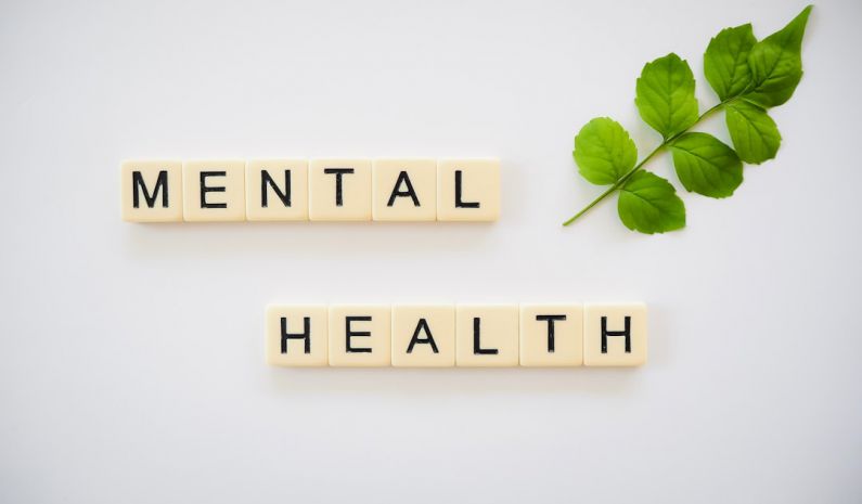 Strength Program - the word mental health spelled with scrabbles next to a green leaf